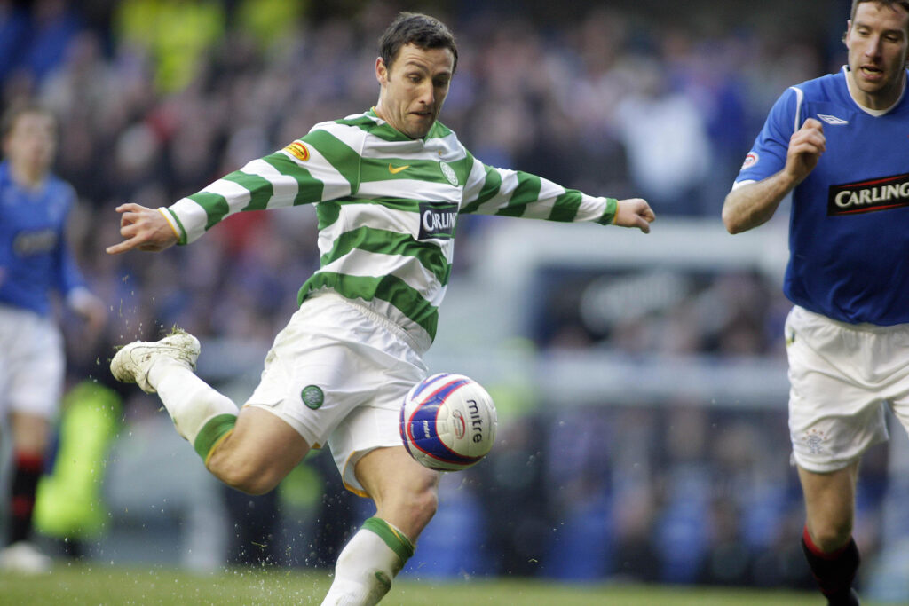 Scott McDonald of Celtic shoots to score against Rangers