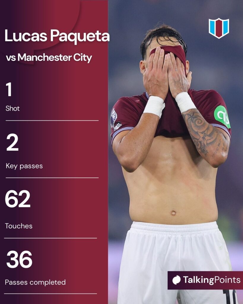 Lucas Paqueta of West Ham United looks dejected during the Premier League match between West Ham United and Brentford at London Stadium on October 20, 2025 in London, England.