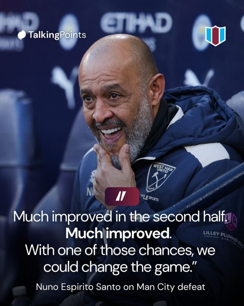 Nuno Espirito Santo, head coach of West Ham United, during the Premier League match between Manchester City and West Ham United at Etihad Stadium on December 20, 2025 in Manchester, England.