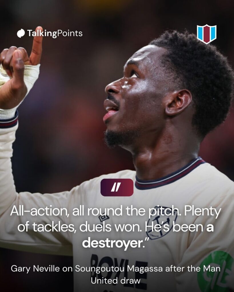 Soungoutou Magassa of West Ham United celebrates after scoring a goal to make it 1-1 during the Premier League match between Manchester United and West Ham United at Old Trafford on December 4, 2025 in Manchester, England.