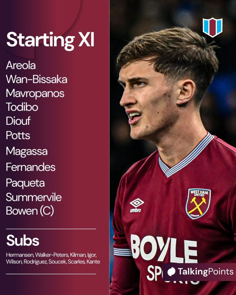 Freddie Potts of West Ham prepares for a corner during the Premier League match between Brighton and Hove Albion and Aston Villa at the American Express Community Stadium in Brighton and Hove, on December 7, 2025.