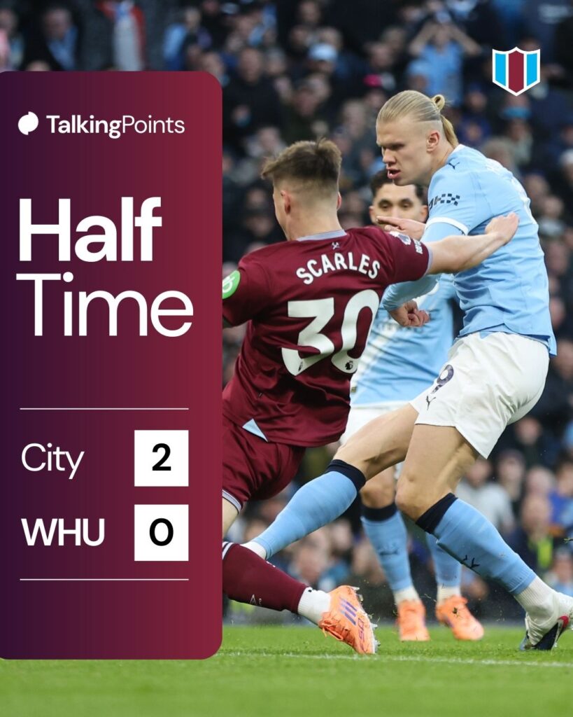 Manchester City's Erling Haaland scores his side's first goal during the Premier League match between Manchester City and West Ham United at Etihad Stadium on December 20, 2025 in Manchester, England.