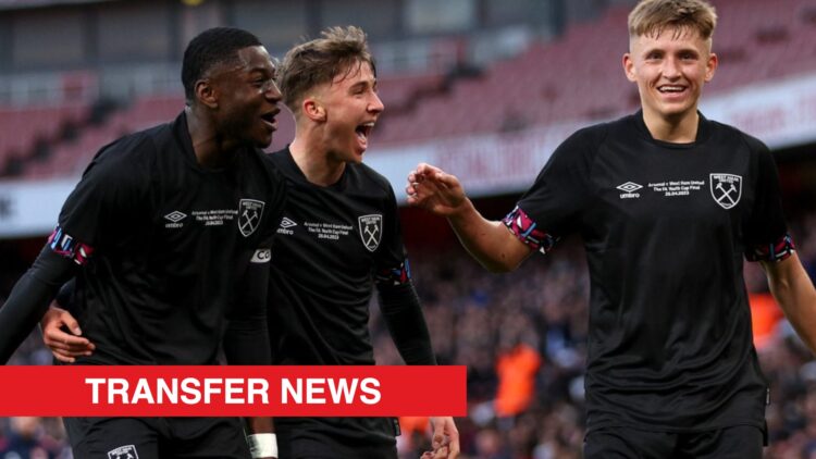 Image showing West Ham United trio Gideon Kodua, George Earthy and Callum Marshall against Arsenal in the 2023 FA Youth Cup final