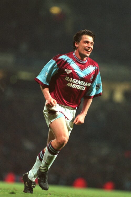 13 APR 1995:  TONY COTTEE OF WEST HAM UNITED CELEBRATES AFTER SCORING HIS TEAM's THIRD GOAL IN THEIR 3-0 VICTORY OVER WIMBLEDON IN A PREMIERSHIP MA...