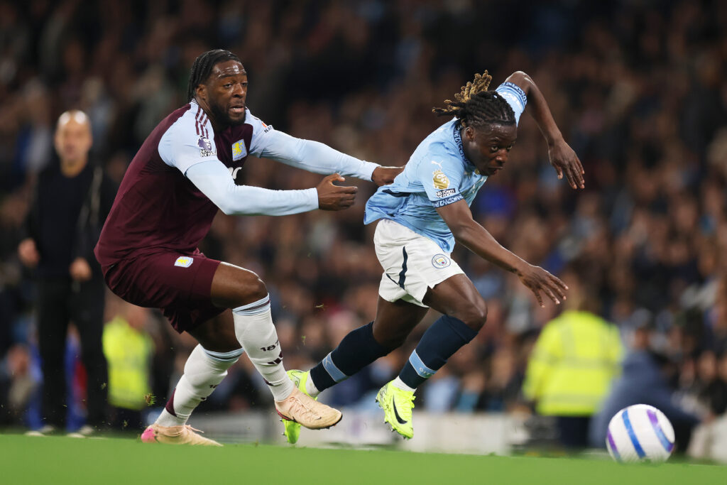 Axel Disasi playing for Aston Villa against Manchester City in the Premier League.