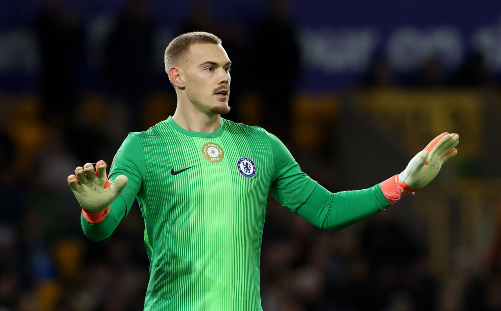 Filp Jorgensen playing for Chelsea against Wolves.