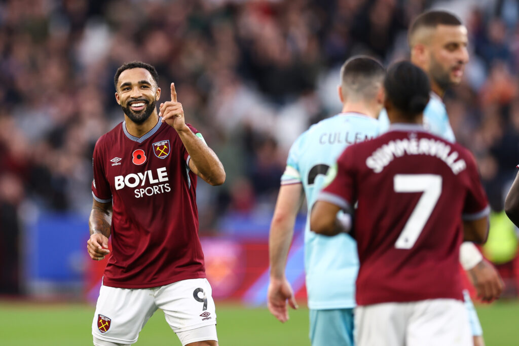 Callum Wilson celebrates with Crysencio Summerville after West Ham score against Burnley.