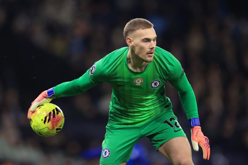 Filip Jorgensen playing for Chelsea against Manchester City.