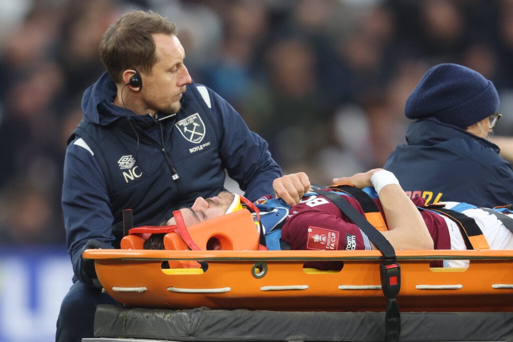 Konstantinos Mavropanos injured during West Ham United v Queens Park Rangers - Emirates FA Cup Third Round