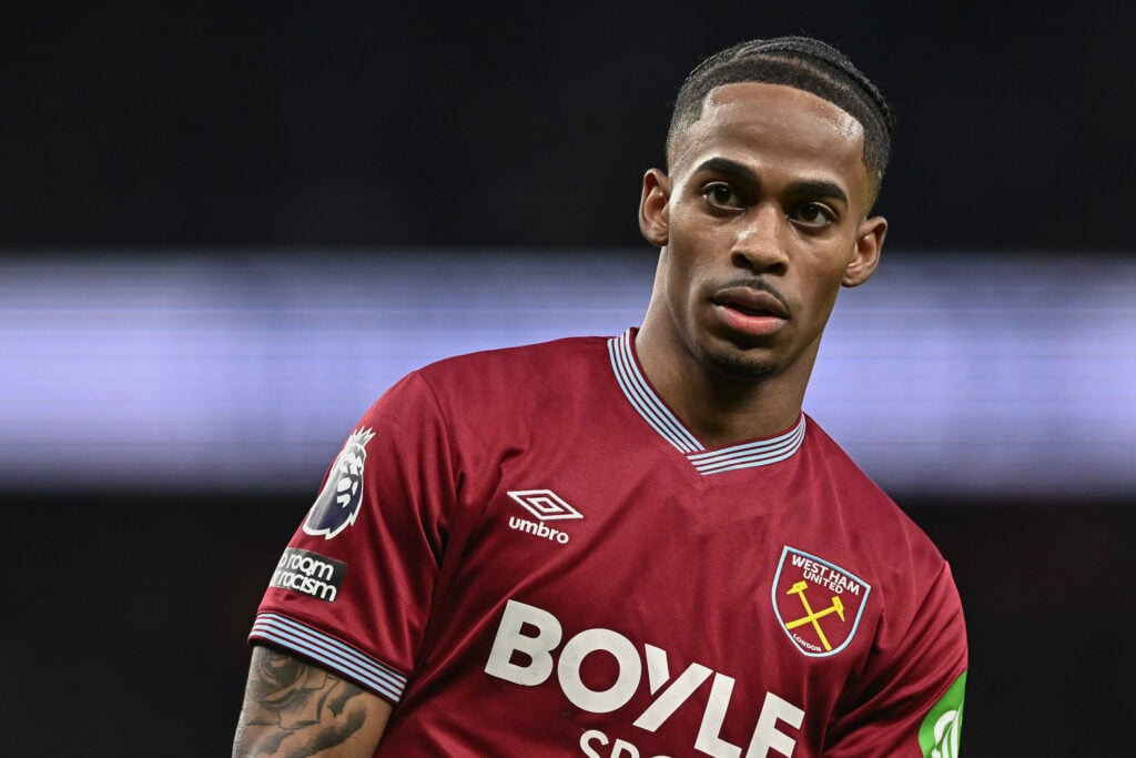 Crysencio Summerville looks on during West Ham's Premier League game against Tottenham.