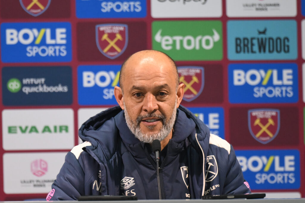 West Ham manager Nuno Espirito Santo speaking during a press conference.