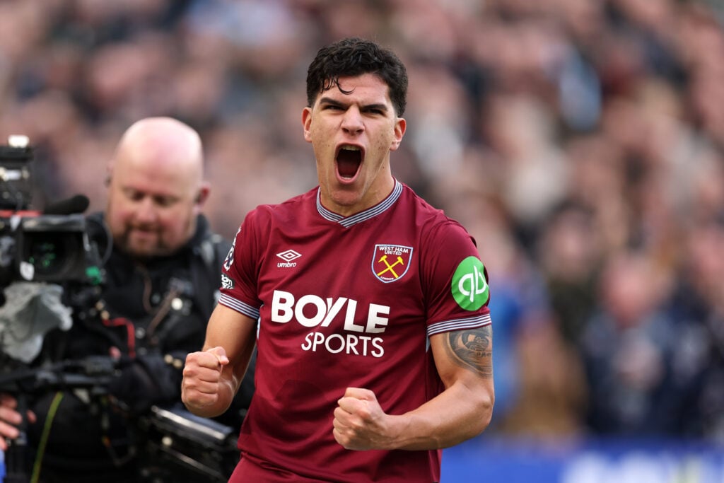 Mateus Fernandes celebrates after scoring for West Ham against Sunderland.