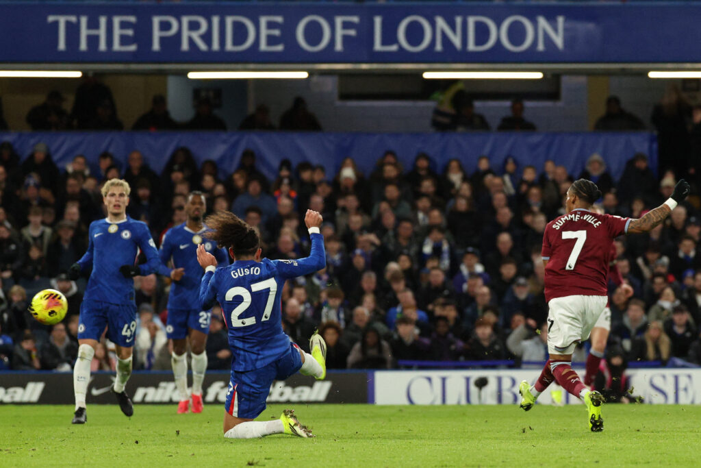 Crysencio Summerville scores for West Ham against Chelsea.