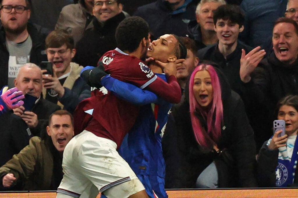 West Ham defender Jean-Clair Todibo is sent off for violent conduct after clashing with Joao Pedro