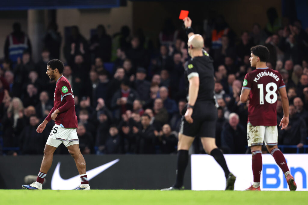 Jean-Clair Todibo is sent off for West Ham against Chelsea.