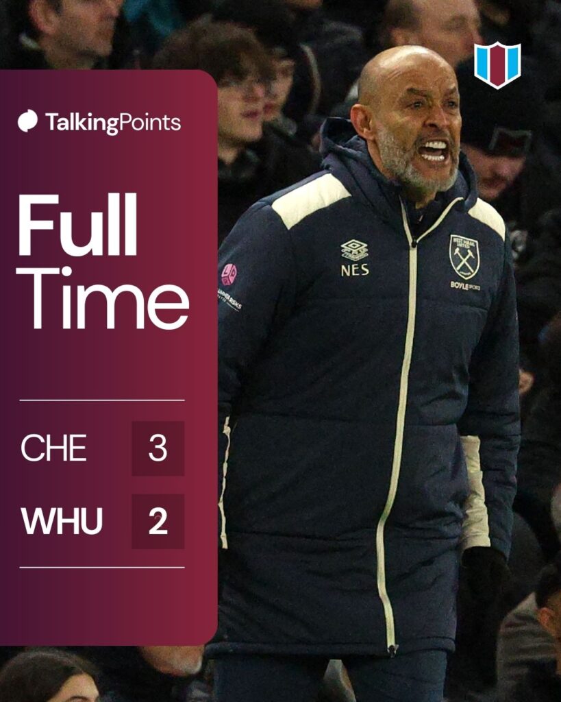 A graphic showing the full-time score between Chelsea and West Ham (3-2) in the Premier League on 31/01/2026.