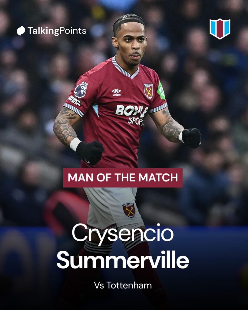 A graphich showing Crysenscio Summerville as the Man of the Match for West Ham against Tottenham