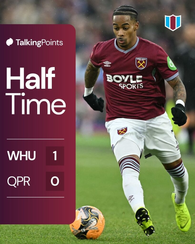A graphic showing the half-time score (1-0) between West Ham and QPR in the FA Cup third round on 11/01/2026.