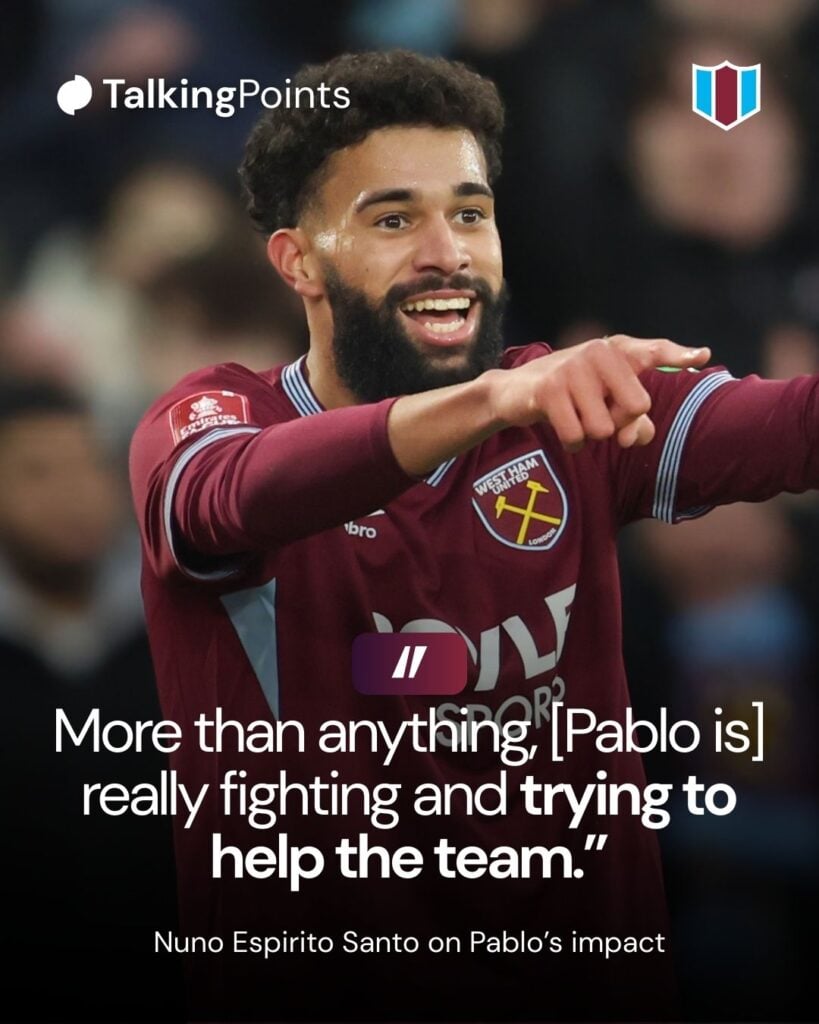 West Ham United's Pablo Felipe celebrates after his side's first goal scored by Crysencio Summerville during the Emirates FA Cup Third Round match between West Ham United and Queens Park Rangers on January 11, 2026 in London, England.