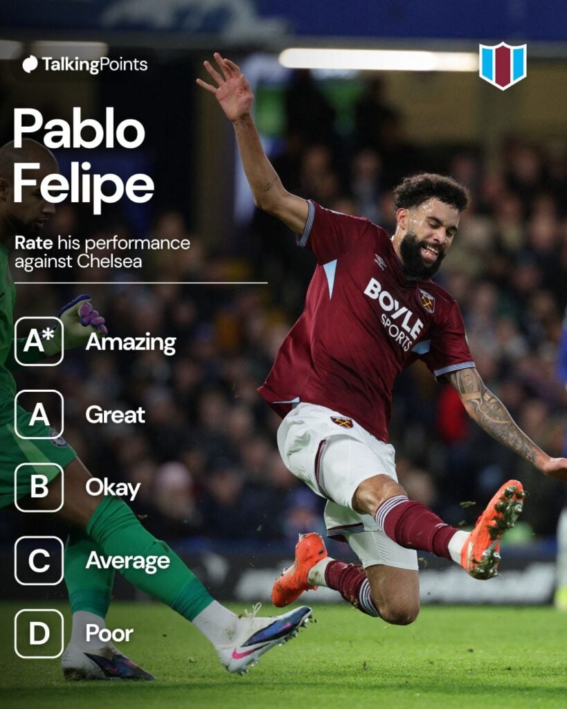 West Ham United's Spanish Brazilian striker #19 Pablo Felipe (C) attempts to block a shot from Chelsea's Spanish goalkeeper #01 Robert Sanchez (L) during the English Premier League football match between Chelsea and West Ham United at Stamford Bridge in London on January 31, 2026.