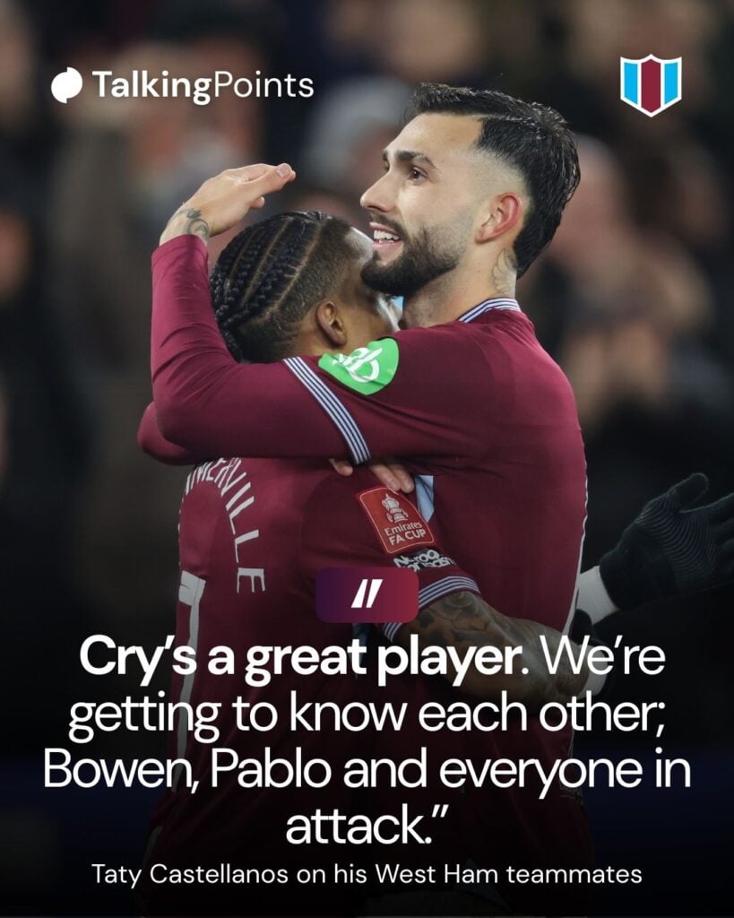 West Ham United's Taty Castellanos celebrates scoring his side's second goal with Crysencio Summerville during the Emirates FA Cup Third Round match between West Ham United and Queens Park Rangers on January 11, 2026 in London, England.