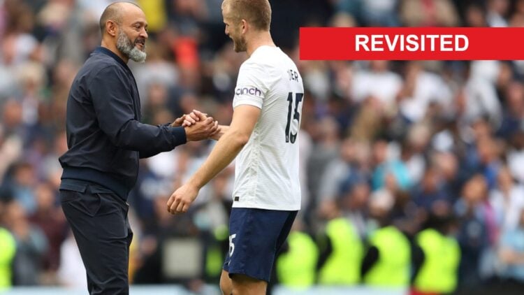 Eric Dier and Nuno Espirito Santo embrace. A 'revisted' banner has been added.