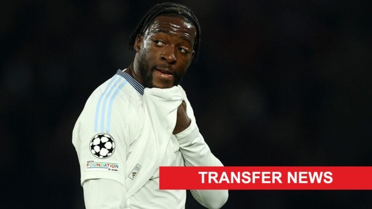 Axel Disasi during Aston Villa's Champions League game against Paris Saint-Germain. A 'transfer news' banner has been added.