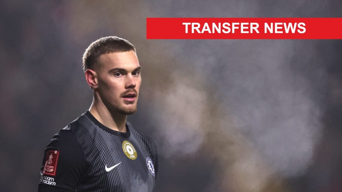 Filip Jorgensen playing for Chelsea against Charlton in the FA Cup. A 'transfer news' banner has been added.