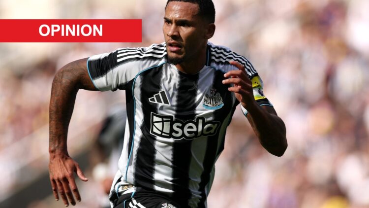 Jamaal Lascelles playing for Newcastle United. An 'opinion' banner has been added.