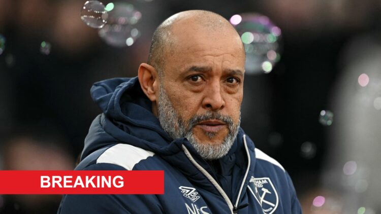 West Ham manager Nuno looks on through the bubbles prior to an FA Cup game against QPR. A 'breaking' banner has been added.