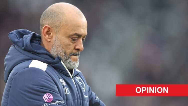 Nuno during West Ham United's FA Cup game against QPR. An 'opinion' banner has been added.