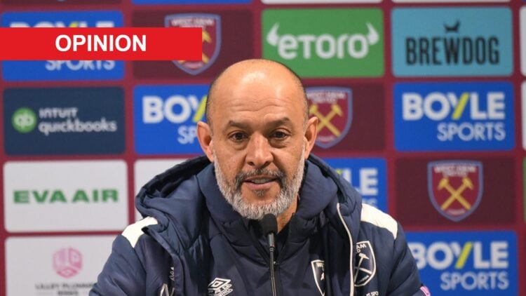 West Ham manager Nuno Espirito Santo speaking during a press confernece. An 'opinion' banner has been added.