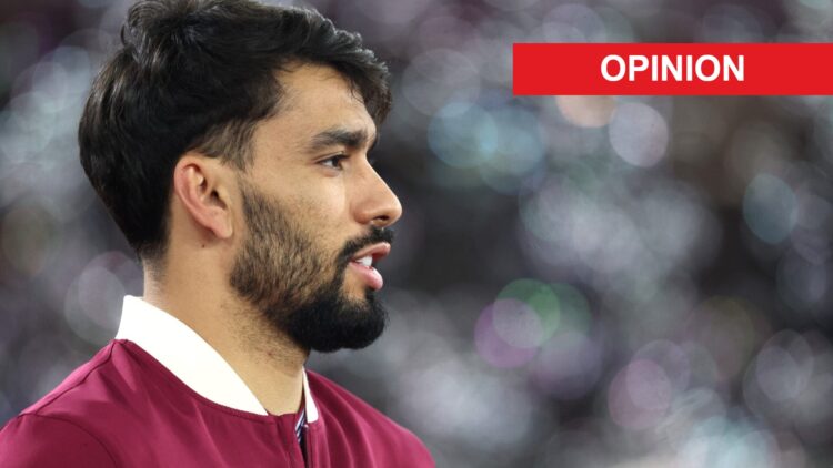 Lucas Paqueta before West Ham play against Brighton in the Premier League. An 'opinion' banner has been added.