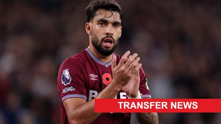 Lucas Paqueta claps the West Ham fans during a Premier League game against Burnley. A 'transfer news' banner has been added.