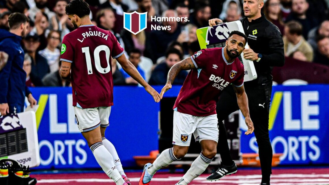 Callum Wilson replaces Lucas Paqueta as a substitute during West Ham's Premier League game against Tottenham. A 'Hammers News' site logo has been a...