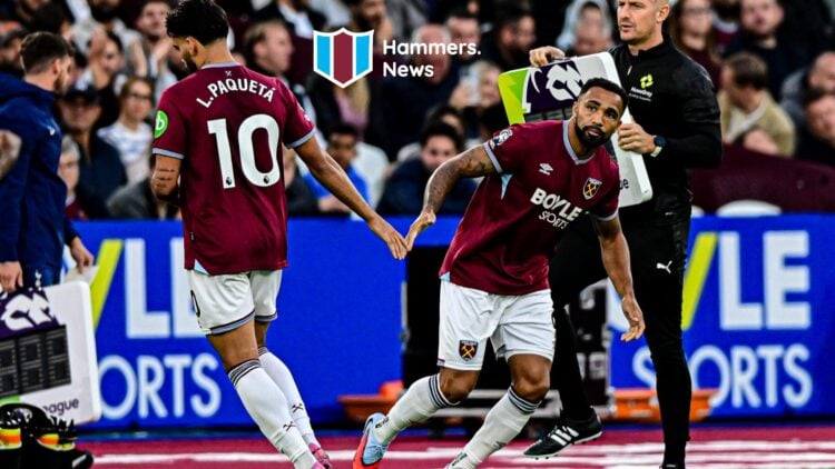 Callum Wilson replaces Lucas Paqueta as a substitute during West Ham's Premier League game against Tottenham. A 'Hammers News' site logo has been a...