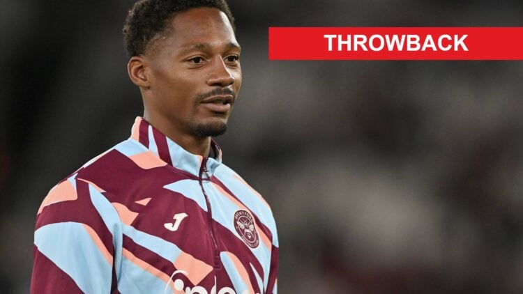 Ethan Pinnock warms up for Brentford before they play West Ham. A 'throwback' banner has been addded.