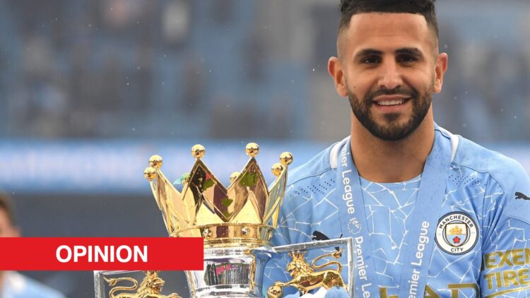 Image showing Riyad Mahrez of Manchester City celebrating with the Premier League Trophy