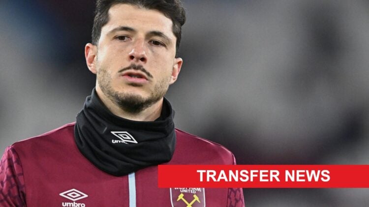 Guido Rodriguez warming up for West Ham before they play Nottingham Forest. A 'transfer news' banner has been added.