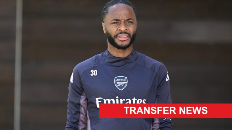 Raheem Sterling during an Arsenal FC training session. A 'transfer news' banner has been added.