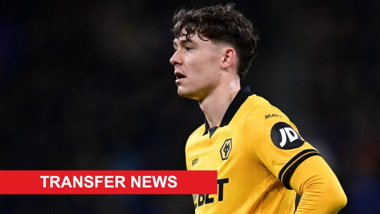 Jorgen Strand Larsen playing for Wolves. A 'transfer news' banner has been added.