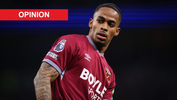 Crysencio Summerville during West Ham's game against Tottenham, An 'opnion' banner has been added.