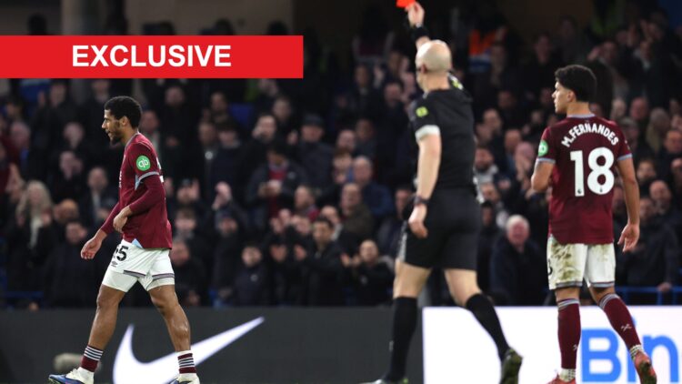 Jean-Clair Todibo is sent off for West Ham against Chelsea. An 'exclusive' banner has been added.