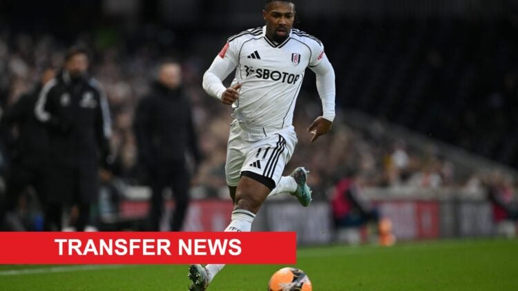 Adama Traore runs with the ball during a Fulham match. A 'transfer news' banner has been added.
