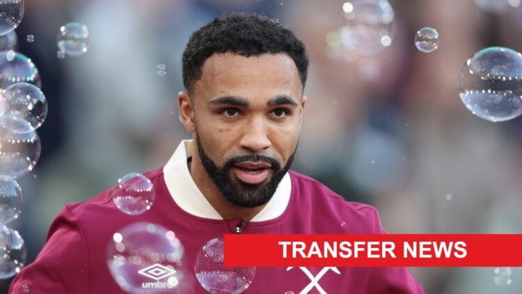 Callum Wilson during the Premier League match between West Ham United and Burnley. A 'transfer news' banner has been added.
