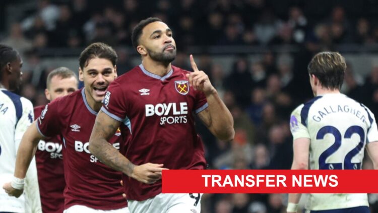 Callum Wilson celebrates after scoring for West Ham United against Tottenham. A 'transfer news' banner has been added.