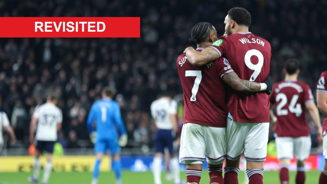 Callum Wilson and Crysencio Summerville celebrate West Ham's second goal against Tottenham. An 'revisited' banner has been added.