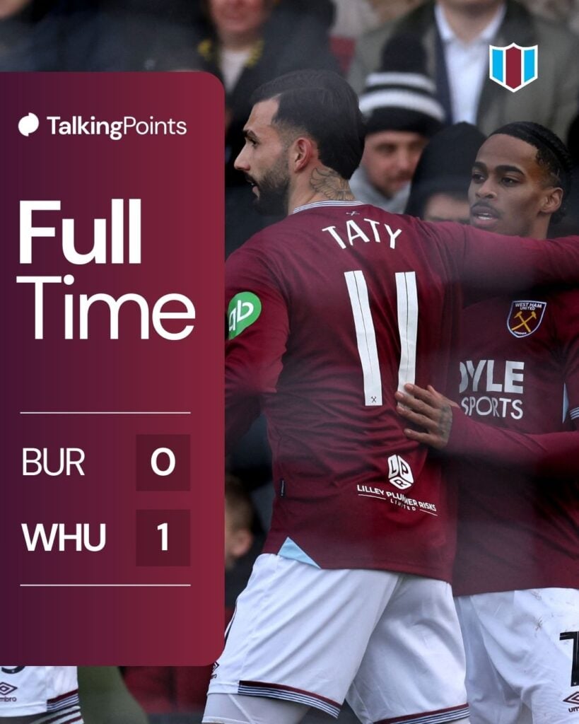 West Ham United's Dutch striker #07 Crysencio Summerville (R) celebrates scoring the team's first goal during the FA Cup fourth round football match between Burton Albion and West Ham United at the Pirelli stadium in Burton Upon-Trent, central England on February 14, 2026.