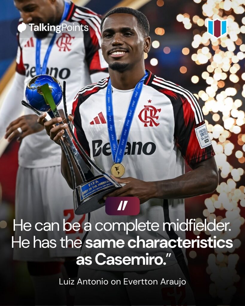 Evertton Araujo of Flamengo lifts the trophy after winning the FIFA Derby of the Americas 2025: FIFA Intercontinental Cup, a match between Mexico's Cruz Azul and Brazil's CR Flamengo at Ahmad Bin Ali Stadium in Al-Rayyan, Qatar, on December 10, 2025.