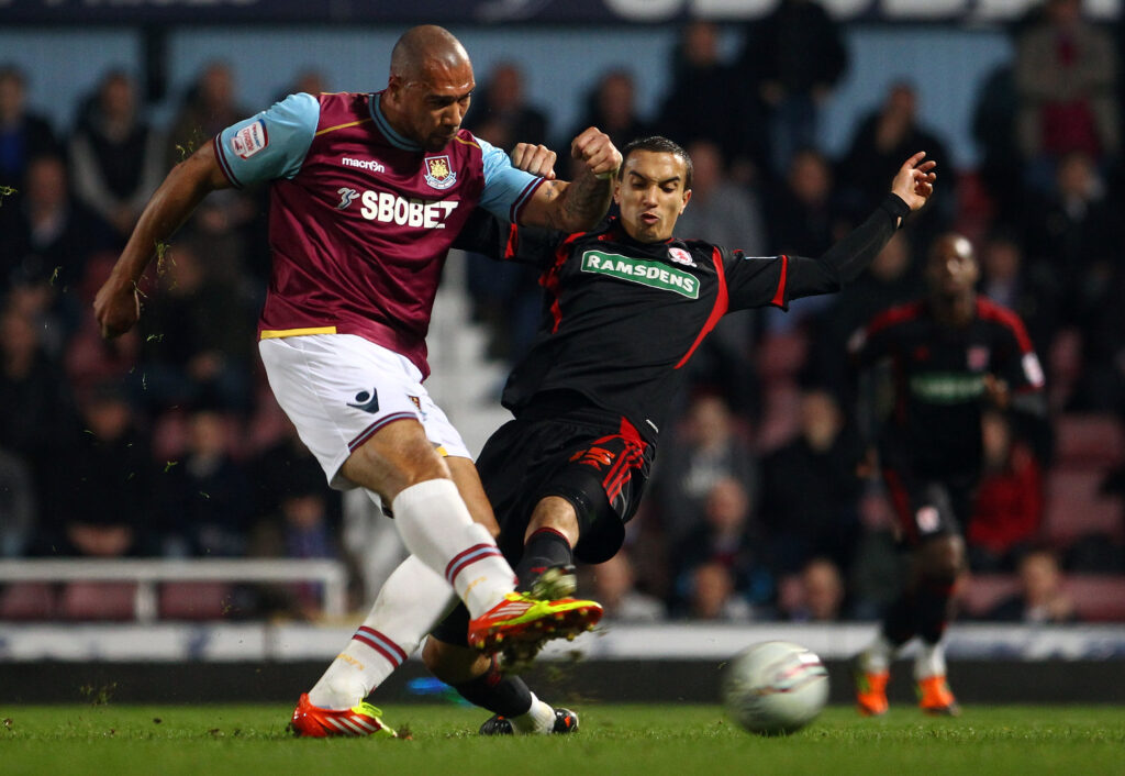John Carew playing for West Ham against Middlesbrough in 2012.
